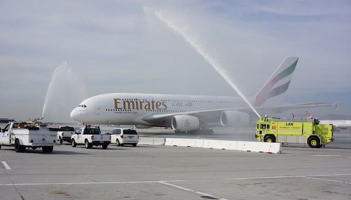 A_Water_Cannon_Salute_Welcomes_the_Emirates_A380_in_Los_Angeles