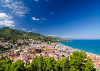 Aerial view of the Cefalu, Sicily, Italy. Lovely sea and mediterranean historical houses. Province of Palermo.