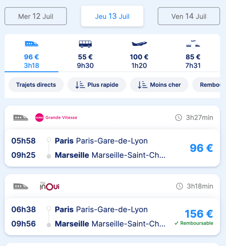 Exemple pour un billet Paris-Marseille le 13 juillet