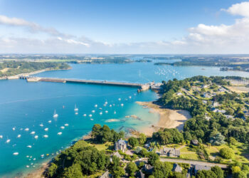 Aerial view on Barrage de la Rance in Brittany close to Saint Malo, Tidal energy