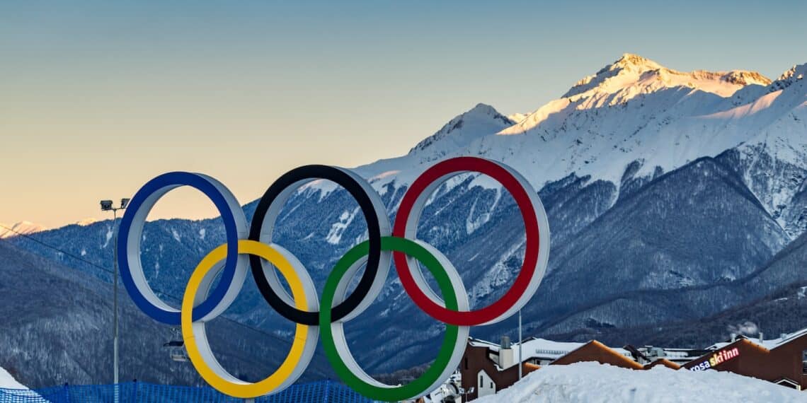 SOCHI, RUSSIA - JAN 24, 2017: Olympic rings as a symbol of the winter Olympic games in Sochi 2014, installed in the winter resort of Krasnaya Polyana