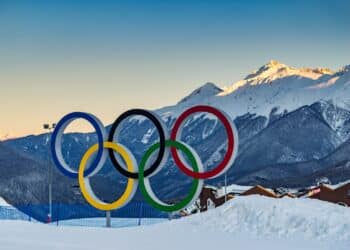 SOCHI, RUSSIA - JAN 24, 2017: Olympic rings as a symbol of the winter Olympic games in Sochi 2014, installed in the winter resort of Krasnaya Polyana