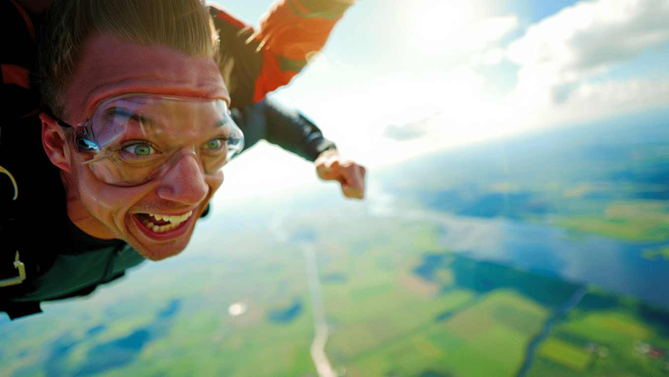 Vue subjective d'un passager en parachute avec une expression de joie immense.