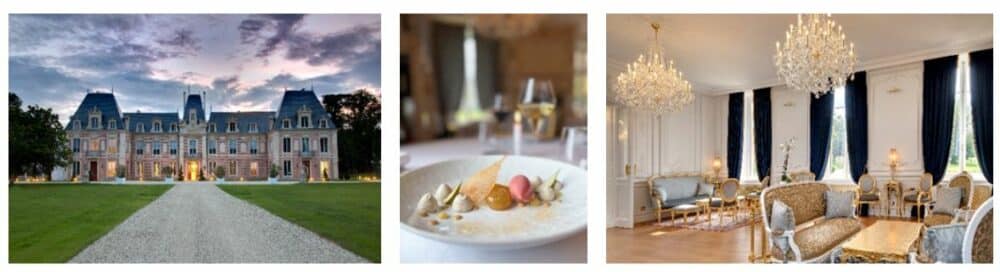 triptyque de photos de l'Alexandra Palace Hôtel avec l'extérieur, une suite, et un plat gastronomique