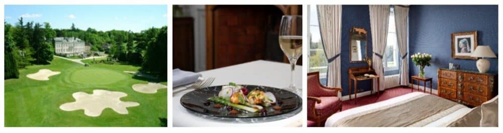 triptyque de photos avec l'extérieur, une suite, et un plat gastronomique du Domaine de Vaugouard