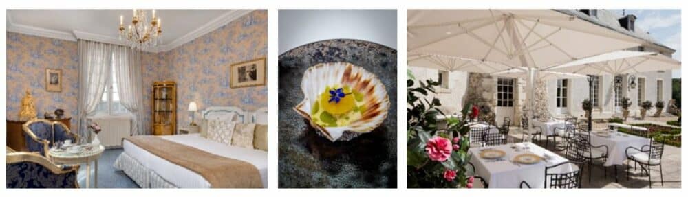 triptyque de photos avec le resto extérieur, une suite, et un plat gastronomique du Château de Beauvois