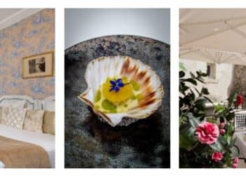 triptyque de photos avec le resto extérieur, une suite, et un plat gastronomique du Château de Beauvois