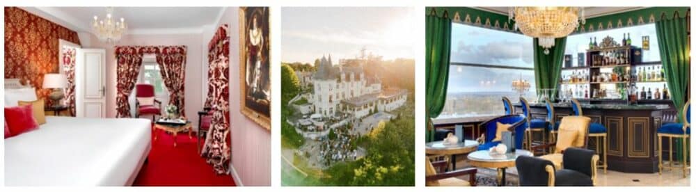 triptyque de photos avec le bar, une suite, et une vue aérienne du Château Le Prieuré