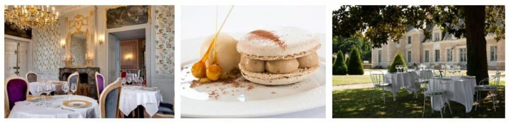 triptyque de photos avec le resto extérieur et intérieur, et un plat gastronomique du Château La Perrière
