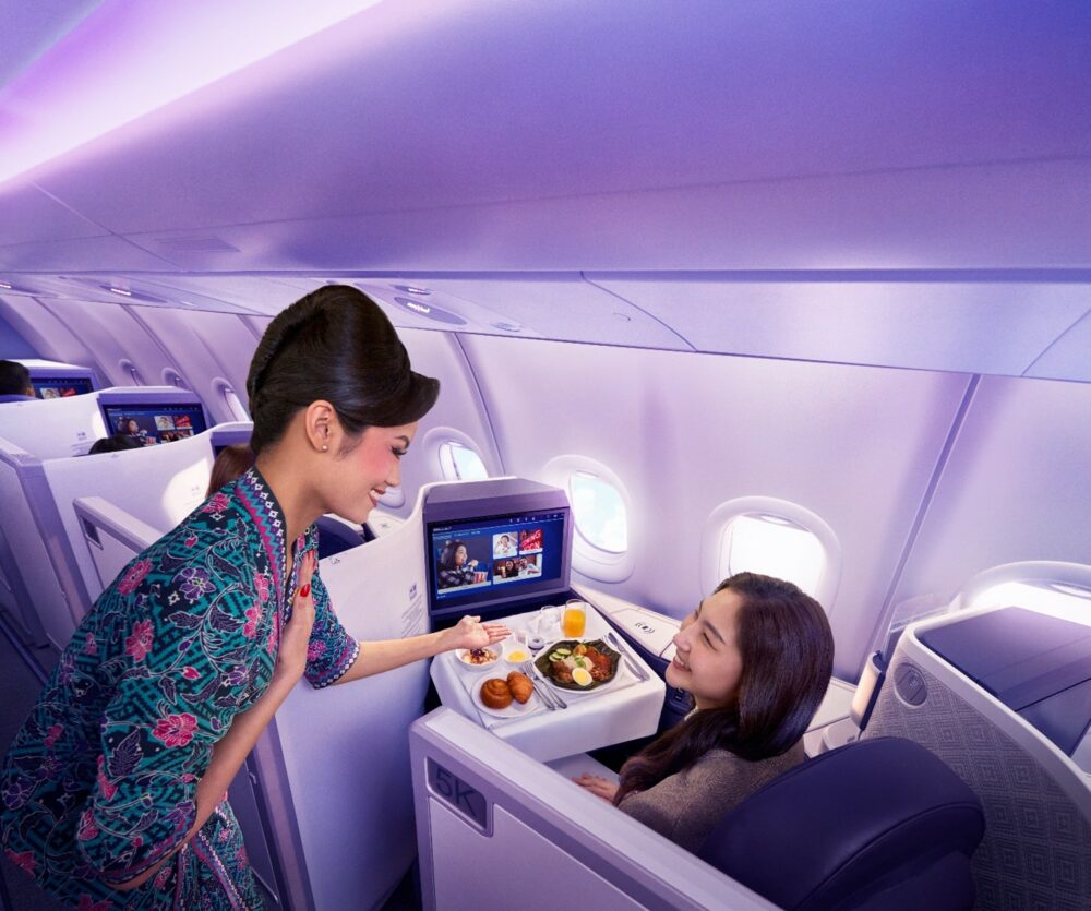 Hôtesse de l'air servant un plateau repas