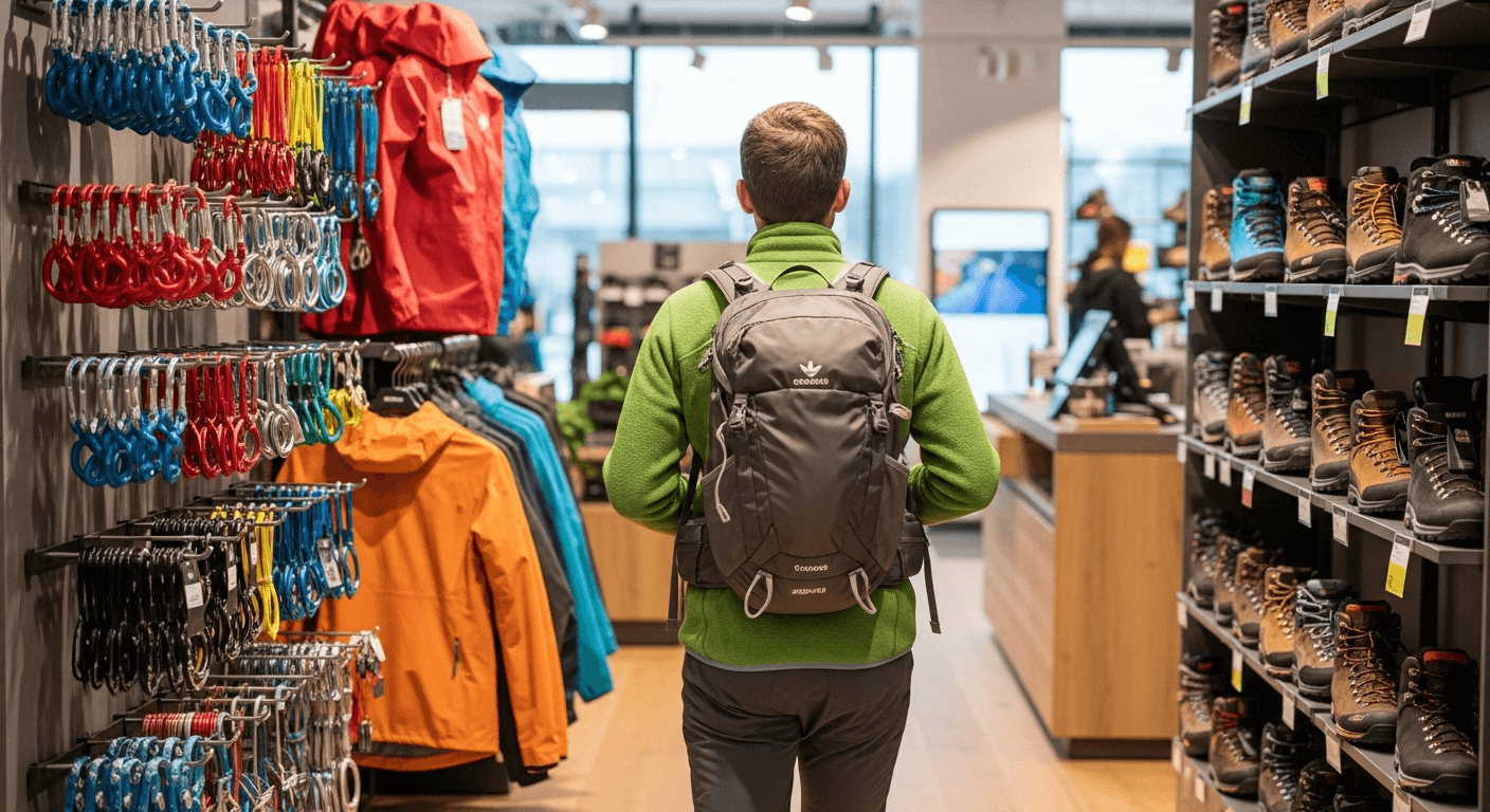 Personne hésitant entre des chaussures de randonnée montantes et basses, symbolisé par un choix sur son smartphone dans un magasin.