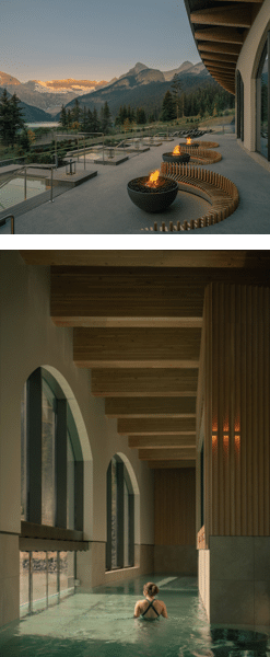 Vue extérieure sur les montagnes enneigées depuis le spa