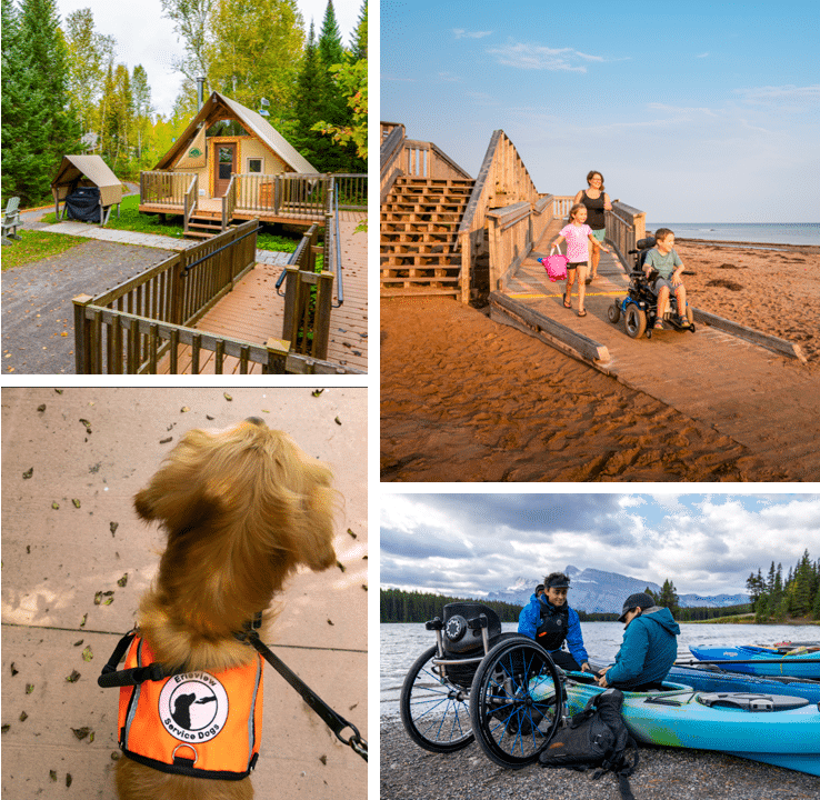 4 photos montrant un chien d'assistance, un cottage, une famille sur la plage avec un enfant en fauteuil roulant et un fauteuil roulant et un canoë kayak