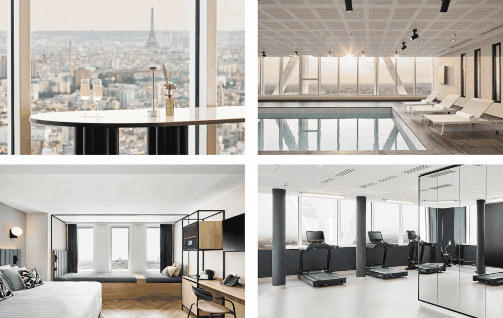 piscine, salle de sport, chambre d'hôtel