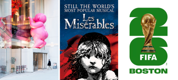 triptyque avec un bonhomme rose gonflable, une affiche des misérables et de la FIFA de Boston