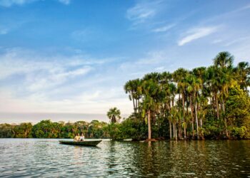 2 adultes sur une barque sur un lac et forêt péruvienne