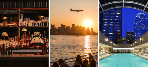 Triptyques représentant un bar, un avion au dessus du fleuve de Boston et une piscine intérieure