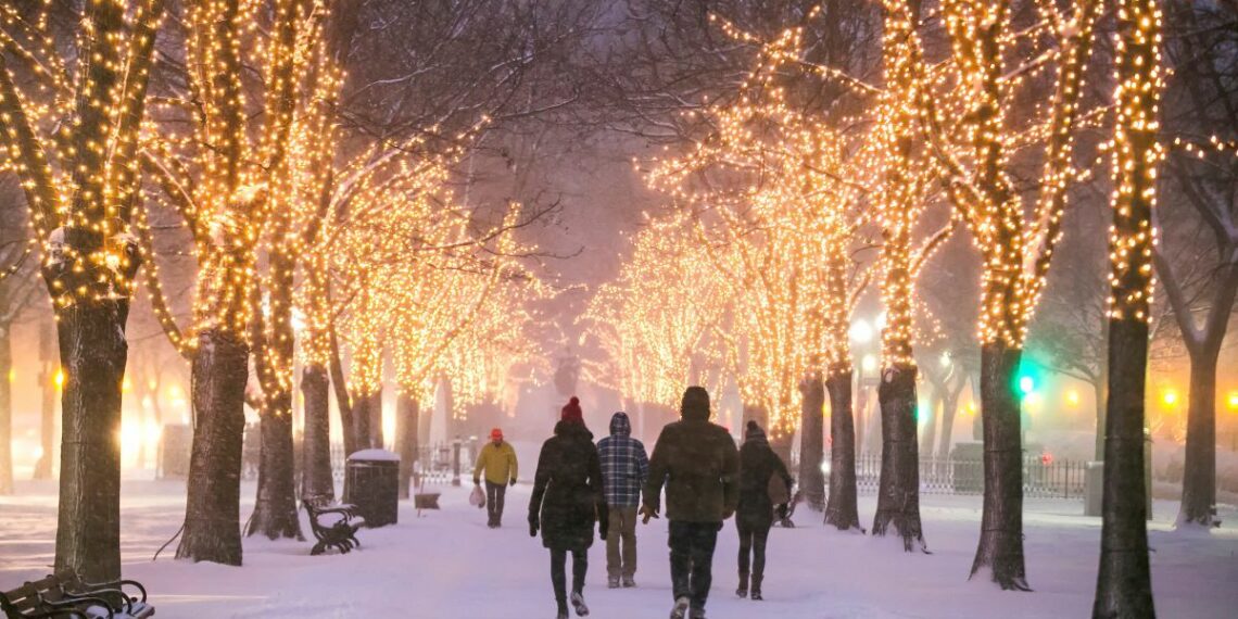 rue enneigée passants arbres illuminés