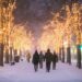 rue enneigée passants arbres illuminés