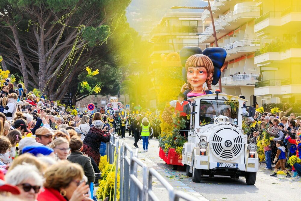 Char avec bonhomme géant et mimosas