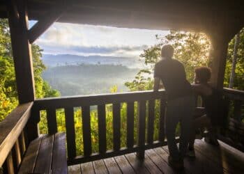 Saül au petit matin (lever du soleil) depuis le belvedere. Brume. Vue sur le village au coeur de la Guyane, en foret tropicale amazonienne. Parc amazonien de Guyane.