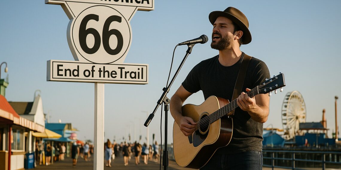 chanteur guitare panneau route 66