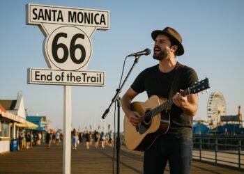 chanteur guitare panneau route 66