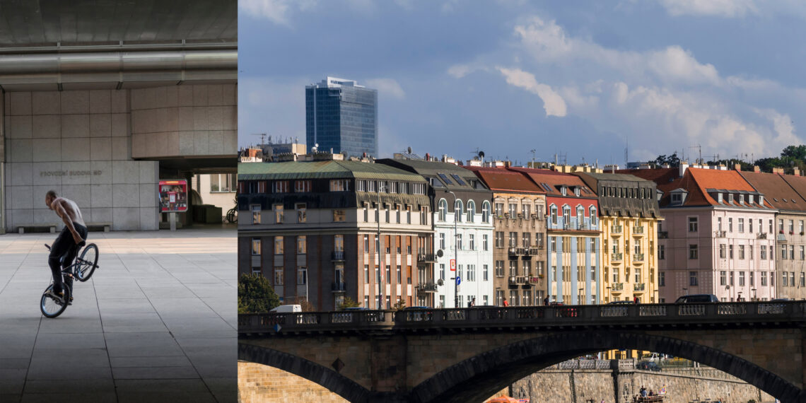 Deux photos avec un homme qui fait du vélo acrobatique sur une roue et façades d'imeubles coloré avec un pont devant