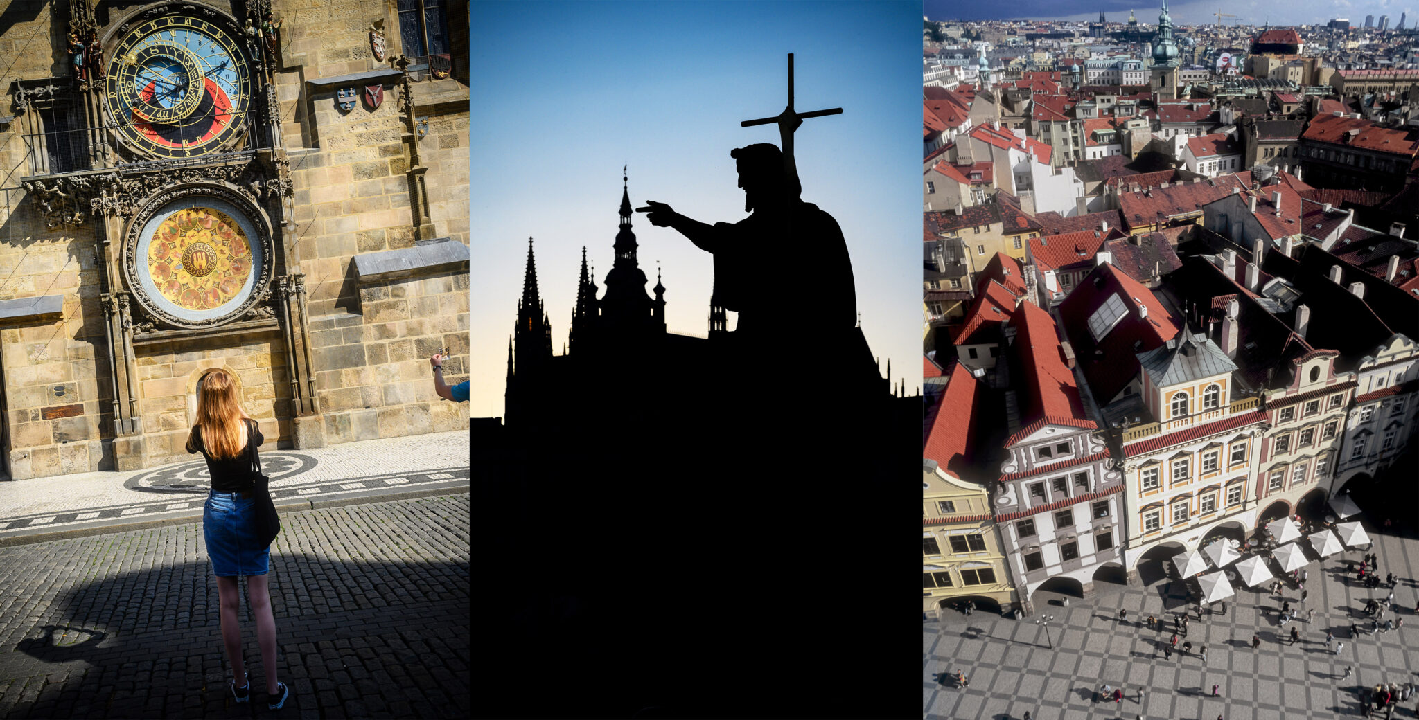 Trois photos avec une jeune file devant une grosse horloge. Une statue en silhouette devant une église sur ciel bleu et vue de maison en plongée