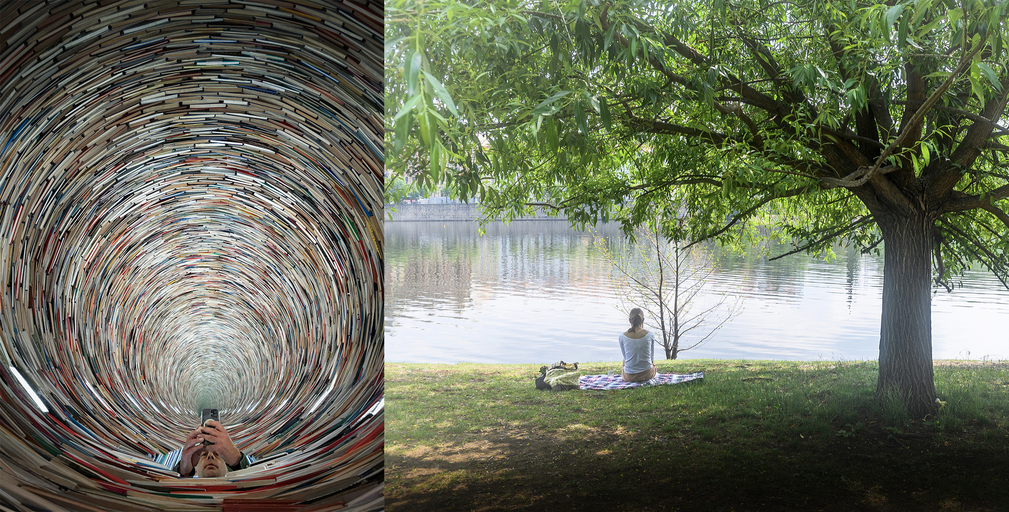 2 photos avec cercle de livres et jeune fille de dos sous un arbre et au bord de l'eau dans une ambiance bucolique