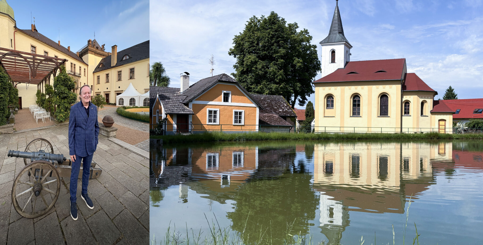 Deux photos avec un personnage devant un canon ancien et une maison et une église qui se refletent dans l'eau