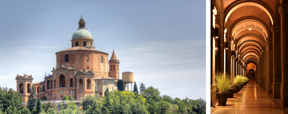 Sanctuaire de la Madonna di San Luca, crédit photo : Alessandro Cortese pour Emilia Romagna Turismo / les arcades de Bologne, crédit photo : Aneta Malinowska pour Emilia Romagna Turismo