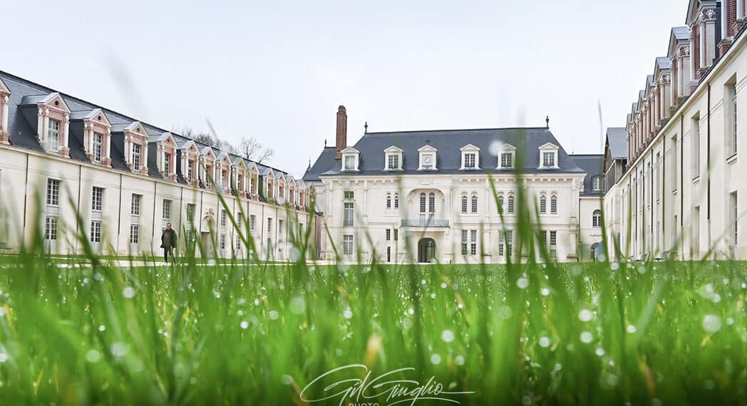 Herbe avec gouttes de rosé au premier plan et bâtiment d'une château rann issance derrière sous ciel blanc