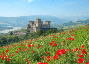 Château prairie en fleurs rouges