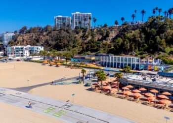 plage parasols palmiers ville
