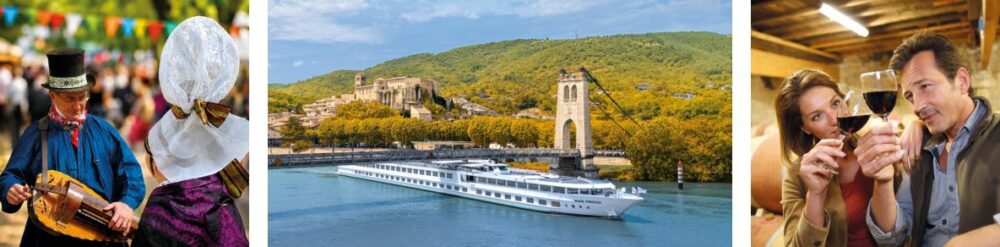 tryptique photos dans folklorique bateau croisière et couple verres de vin