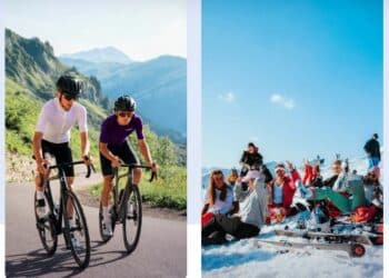 4 photos cyclistes randonneuse, surfeurs, skieuses montagne