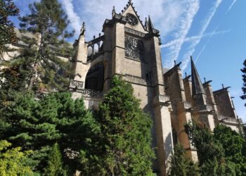 cathédrale clocher jardin arbres ciel bleu
